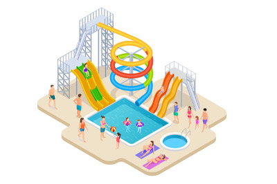 Water park isometric. Aquapark kids slide waterslide aqua recreation s