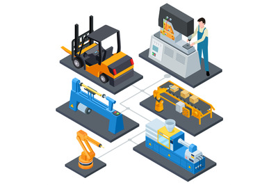 Computer controls production, factory automation processes isometric v