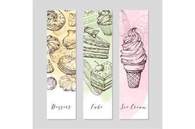 Dessert art banners with hand drawn food, ice cream, cakes and waterco