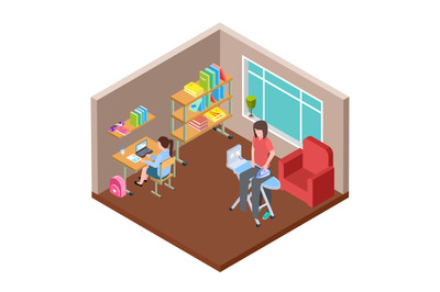 Family life isometric concept. Housewife and little girs in the room v