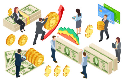 Financial, banking, credits isometric vector concept with coins and mo