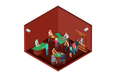 Gambling, casino room with people isometric vector design