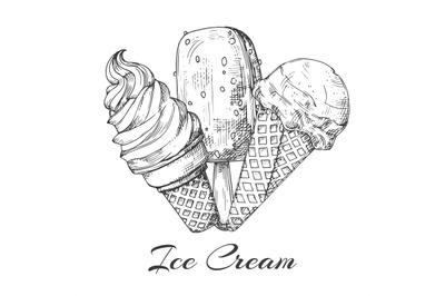 Hand drawn ice cream logo. Sketch of ice cream vector isolated on whit