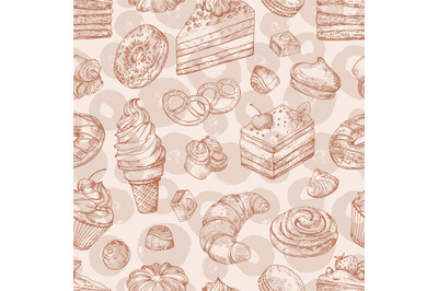 Hand drawn vector pastries, bakery, desserts seamless pattern