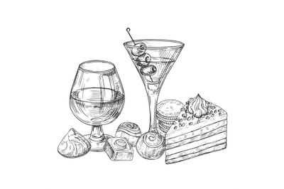 Hand sketched alcohol drinks, chocolate and cakes vector illustration