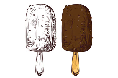 Hand sketched ice cream, black and white and color eskimo isolated on