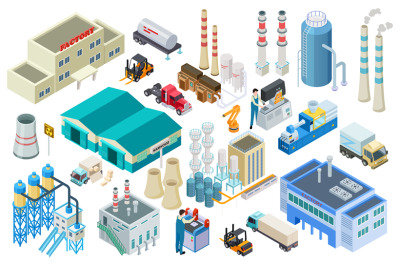 Isometric industrial buildings, workers, delivery trucks, factory and