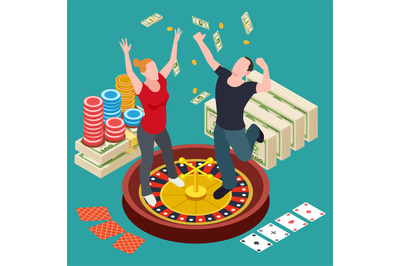 Man and woman won at the casino isometric vector illustration