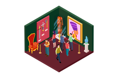 Museum exhibition hall with art objects isometric vector illustration