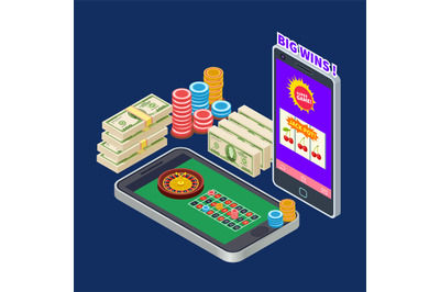 Online casino or gambling with banknotes and chips isometric vector co