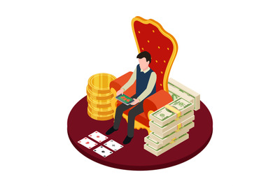 Online casino with banknotes, coins and man with tablet isometric vect