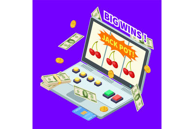 Online casino, jackpot win, banknotes, coins and credit card on laptop