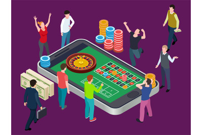 Online roulette table and people. Casino isometric vector concept