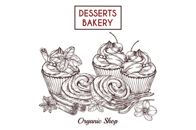 Sketch of buns and cakes and spices, desserts bakery vector background