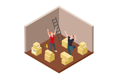 Young couple rejoices moving isometric vector concept