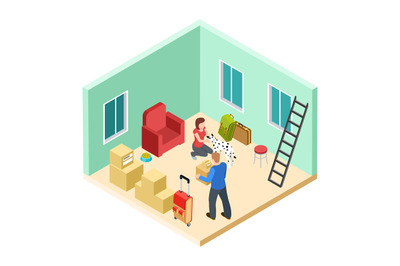 Young couple with a dog moves into a new apartment isometric vector il