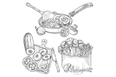 Cooking vegetables, dishes and vegetables sketch vector illustration