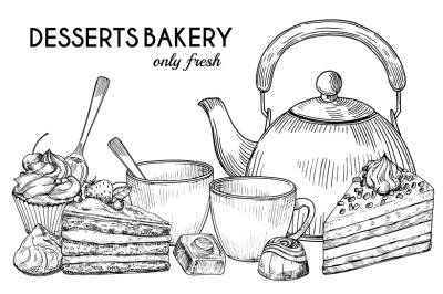 Desserts bakery shop vector banner template. Hand drawn pot&2C; tea cups&2C;