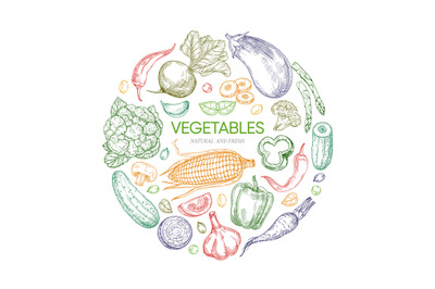 Fresh vegetables round banner vector design isolated