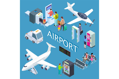 Airoport isometric set with waiting area&2C; snack bar&2C; check-in desk&2C; ar