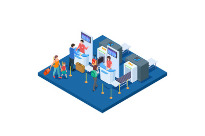 Airport check-in desk, passengers and bags isometric vector concept