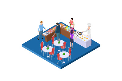 Buffet breakfast restaurant 3d isometric vector concept