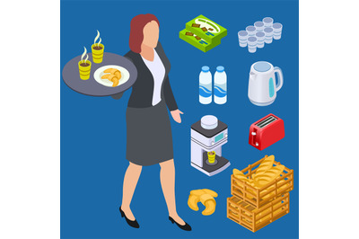 Coffee shop waiter, milk, bread, bakery products isometric vector elem