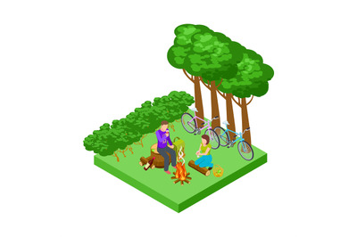 Couple on a romantic picnic, isometric tourism with bicycles vector co