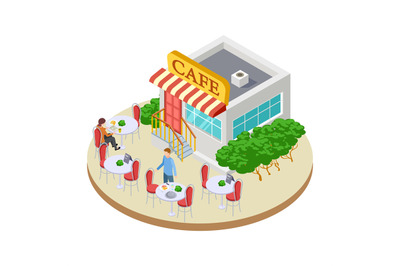 Cute summer street small cafe with outside tables isometric vector ill