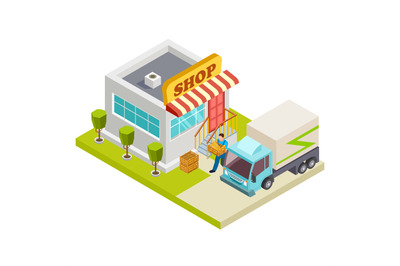 Delivery of bread to a small shop vector isometric illustration