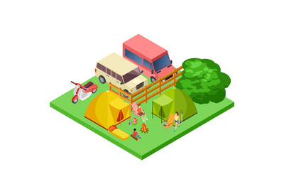 Family resting in nature, eco tourism, camping isometric vector locati