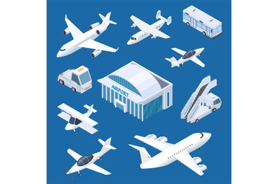 Isometric airport building&2C; airplaines and transport at the airport ve