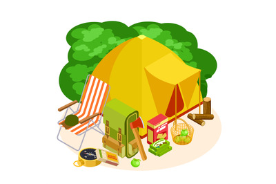 Isometric camping equipment vector set isolated on white background