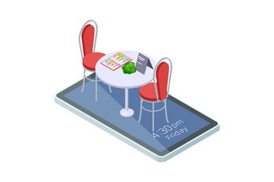 Online reserved table in cafe or restaurant with mobile app isometric