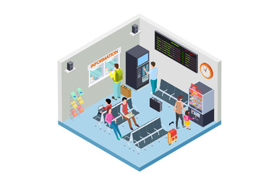 Railway, bus station or airport waiting area isometric vector concept