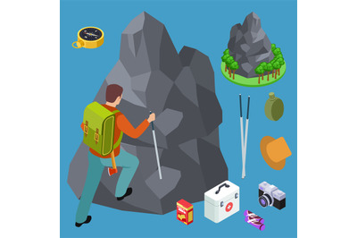 Rock climbing, hiking isometric vector equipments set