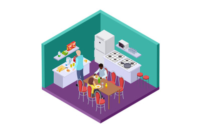 Shared kitchen in an international hostel isometric vector location