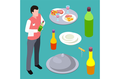 Sommelier or waiter and cafe equipments isometric vector collection