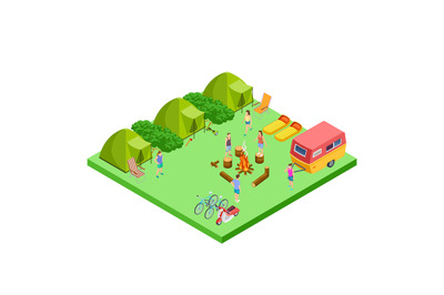 Summer camping isometric with van and tents vector location