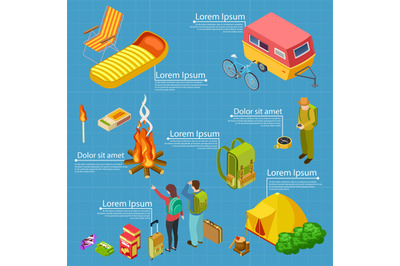 Tourism&2C; camping isometric vector info banner template