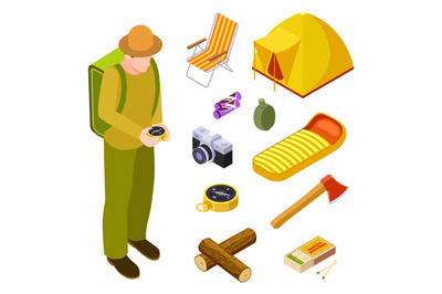 Tourist and camping equipment vector isometric collection