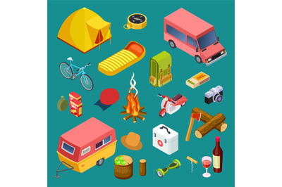 Tourist equipment&2C; camping cars&2C; snack and rest accessorises isometric