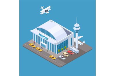 Vector airport isometric concept with passengers&2C; taxi&2C; airplane