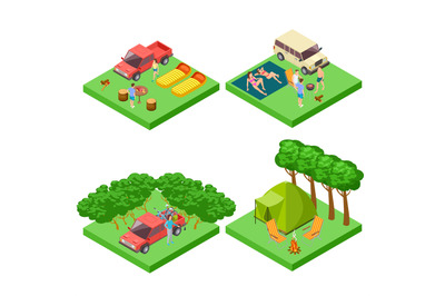 Vector isometric 3d camping location of set