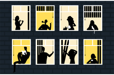 Brick house with night windows with people silhouettes vector illustra