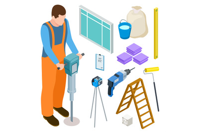 Builder and construction tools isometric vector icons