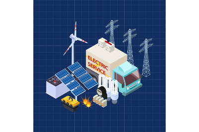 Electric service vector isometric composition with energy safety eleme