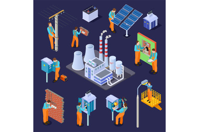 Electrical station and electricians, workers isometric vector set