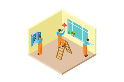 Electricians at work in the room isometric vector concept