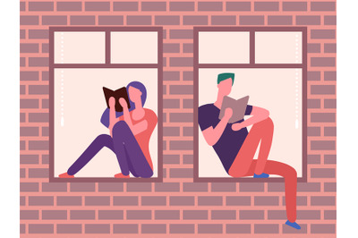 Girl and guy sitting on the windowsill and reading vector illustration